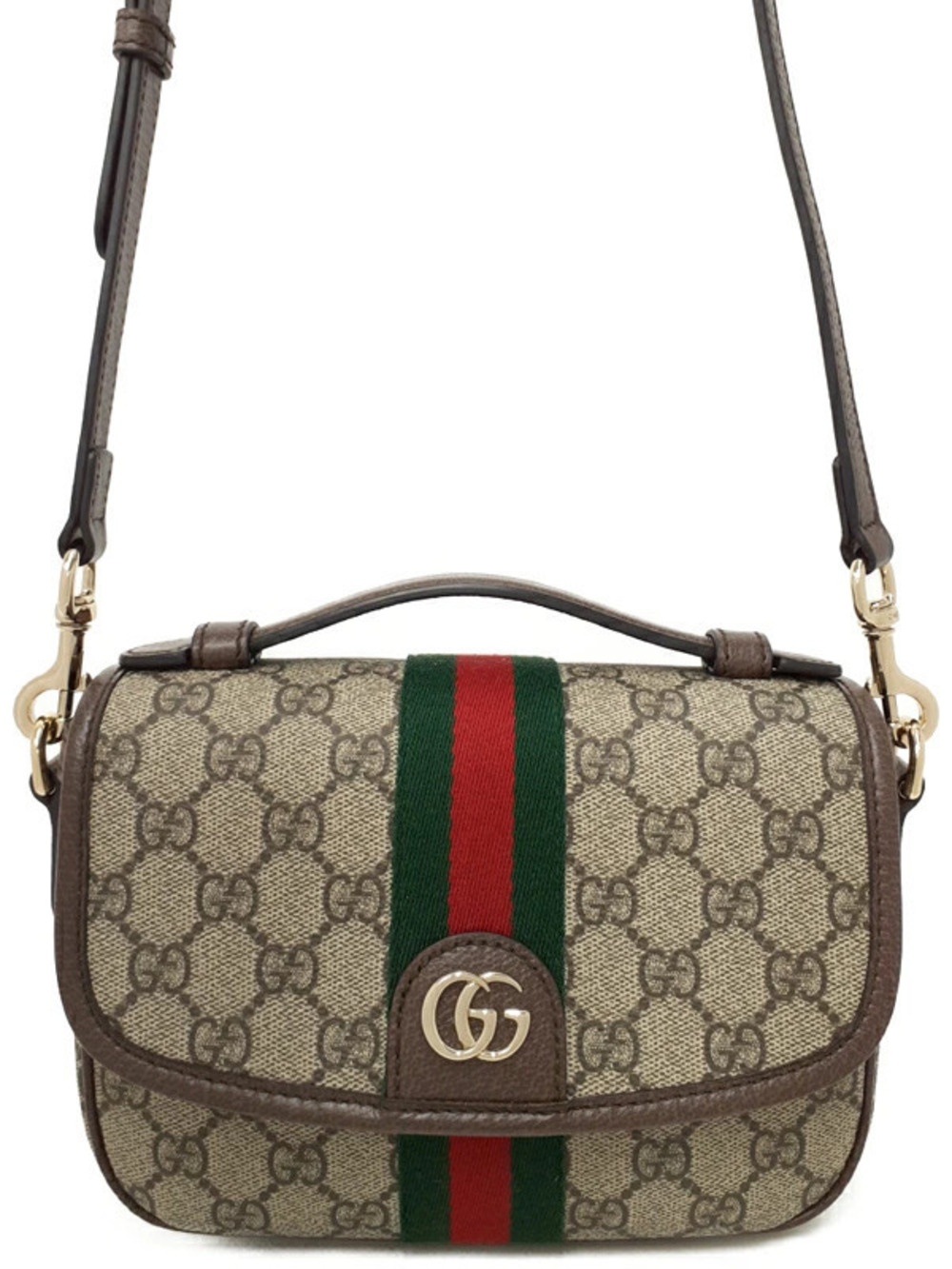 Gucci Ophidia Web Stripe GG Supreme Flap Crossbody Bag Brown